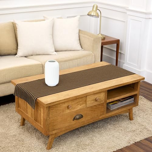 Solino Home Table Runner 60 Inches - Amalfi Stripe 100% Pure Linen Brown Sugar and Black Table Runner 14 x 60 Inch Ideal for Dresser and Coffee Tables - Summer, Fall