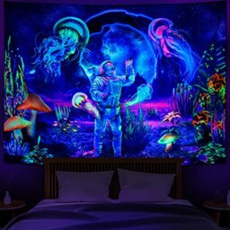 Heopapin Black Light Astronaut Tapestry Mushroom Jellyfish Pattern UV Reactive Psychedelic Wall Tapestry Neon Galaxy Space Galaxy Wall Hanging for Bedroom 59 x 51 Inches (W59 x L51)