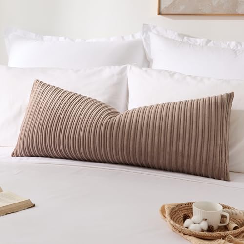 Kevin Textile 14x36 Inch Long Lumbar 1 Pack Plush Striped Corduroy Throw Pillow Cover Velvet Accent Decorative Long Body Rectangle Cushion Case for Living Room Couch Sofa Bed, Light Brown