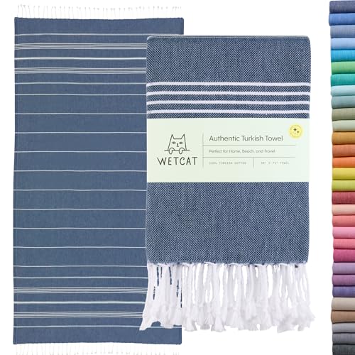 WETCAT Turkish Beach Towel Oversized 38x71 100% Cotton Sand Free Quick Dry Extra Large Light Travel Towel for Adults Beach Accessories Gifts - Dark Blue