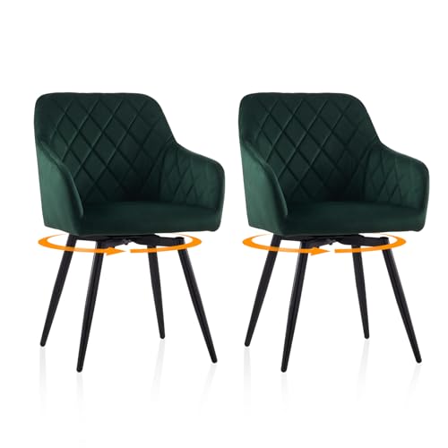 TUKAILAi Dining Chairs Set of 2, Green Velvet Upholstered Swivel Kitchen Accent Chairs with Arms and Metal Legs, Bedroom Vanity Desk Chair No Wheels for Home Office Living Room