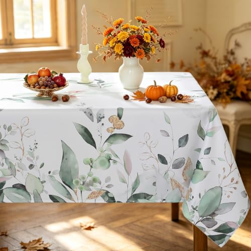 Honellaty Spring Summer Tablecloth Rectangle, Watercolor Eucalyptus Leaves Table Cloth, Stain Resistant Wrinkle Free Table Cover for Party Picnic Daily Use(52??70 inch)