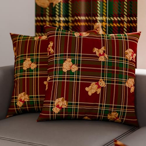 PETTI Italian Artisans - Pair of 45x45 cm Microfiber Cushion Covers, Christmas Pillow Cases, Christmas Decor Cushions for Bedroom, Sofa, Set of 2 Cushion Covers, Tartan Teddy Bear Pillow Case