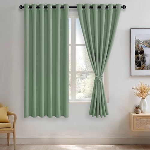 JIUZHEN Light Sage Blackout Curtains with Tiebacks Thermal Insulated, Light Blocking and Noise Reducing Grommet Curtains for and Living Room, Set of 2 Window Curtain Panels, 70 x 63 Inch Length