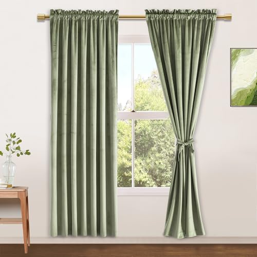 JIUZHEN Sage Green Velvet Curtains for Bedroom - 72 inch Length Thermal Insulated Room Darkening Rod Pocket Blackout Drapes for Office/Closet, Set of 2 Panels, 52W x 72L