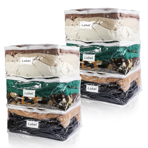 Heonay Clear Zippered Storage Bags Plastic Sweater Storage Bags with Zipper 6 Packs Clothing Organizer for Blankets Linen Sweater Bed Sheet Quilt Clothes Pillow (18 x 15 x 9 Inch, White)