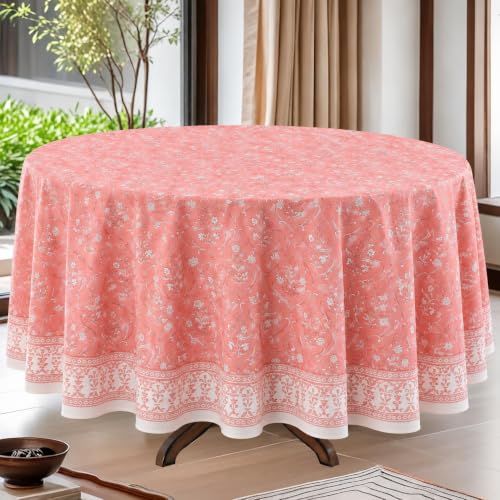 Ridhi Round Tablecloth Hand Block Print 100% Cotton Reusable Sweet Pink 60 Inch Table Cover Decorative Everyday Use for Dining, Home, Party, Wedding, Farmhouse, Party Gift for Spring, Mother's Day