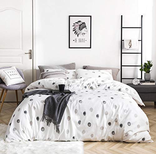 SUSYBAO White Polka Dots Duvet Cover Queen Size 100% Cotton Geometric Duvet Cover Set 3 Pieces 1 Grey Circle Pattern Duvet Cover with Zipper Ties 2 Pillowcases Luxury Soft Polka Dot Print Bedding Set