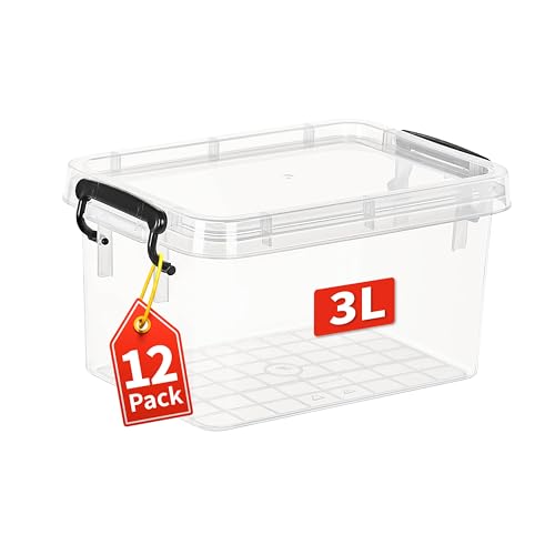 Cetomo 3L*12 Plastic Storage Boxes, Small Storage Box with Lids, Compact Desktop Box, Durable, Sturdy, Heavy- Duty, No-Frills, Stackable, PP, Transparent, 3L-12 Pack
