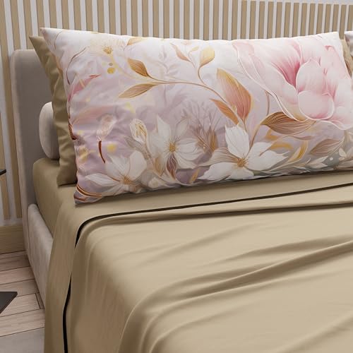 PETTI Artigiani Italiani - Cotton Sheets with Pillowcases in Digital Print, French Queen, Complete Top and Bottom Sheet with Corners, Tokyo Taupe, 100% Made in Italy