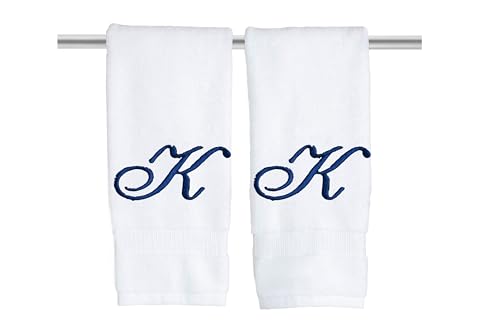 Decorvo White Monogrammed Hand Towels for Bathroom - Luxury Hotel Quality Personalized Initial Embroidered Towel for Powder Room, Spa - GOTS Organic Certified - Set of 2 Navy Letter K