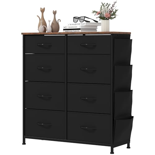 YITAHOME Chest of Drawers with 8 Drawers, Fabric Drawers with Side Pocket&Hooks,Easy Pull Handle,Sturdy Steel Frame,Storage Drawers for Bedroom, Closet, Clothes,Black