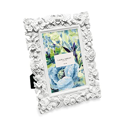 Laura Ashley 5x7 White Floral Textured Hand-Crafted Resin Picture Frame with Easel, for Tabletop & Wall Display, Decorative Floral Design Home D cor, Photo Gallery, Art & More (5x7, White)