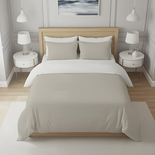 Soleil d'ocre, Two-Tone Cotton Duvet Cover 57 Thread Count 240 x 220 cm Plain Linen and White