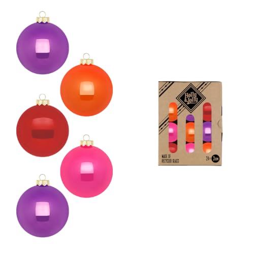 Holly & Jolly Party Time Christmas Baubles, Pack of 24 - Glass Christmas tree baubles, approx. 3 cm, Christmas tree decorations in purple, orange, red and pink, shiny