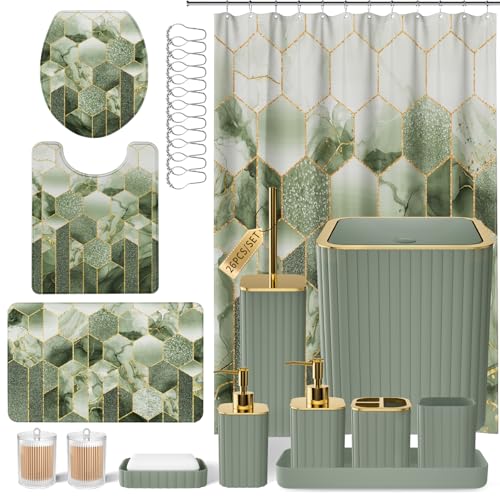 XLHOMO Bathroom Set - 26PC Bathroom Set with Shower Curtain and Rugs, Bathroom Accessory Set, Sage Green Bathroom Accessories Set, Trash Can & Soap Dispenser
