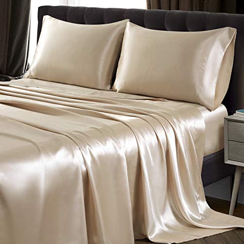 SiinvdaBZX 4Pcs Extra Deep Pocket Satin Sheet Set King Size, Ultra Silky Soft Beige Satin King Bed Sheets Deep Fitted Sheet Set Fits 18-24 Inch Deep Pocket Mattress