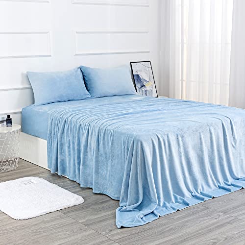 Micro Fleece Sheets Set Queen Size ??? No Pilling and Extra Soft Bed Sheets Set ??? Velvet Plush and Cozy Warmth Sheets with Deep Pocket (Queen, Blue 4 Piece)