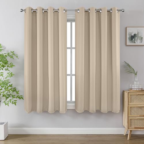 Joydeco Blackout Curtains 63 Inch Length 2 Panels Set, Thermal Insulated Long Curtains& Drapes 2 Burg, Room Darkening Grommet Drapes for Living Room Bedroom Window (W52 x L63 Inch, Light Beige)