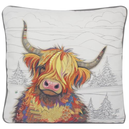 L & P Home & Gifts Lesser & Pavey Cameron Highland Cow Cushion Bug Art - Colourful wildlife design, soft feel, decorative accessory, comfortable filling, suitable for gifting