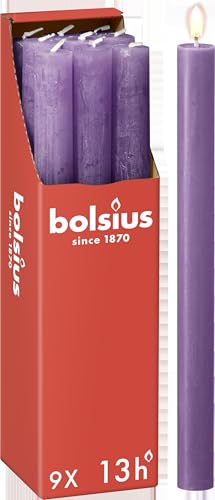 Bolsius Rustic Dinner Candles - Purple - Pack of 9 - Long Burning Time of 13 Hours - Household Candle - Interior Decoration - Unscented - Includes Natural Vegan Wax - 27 x 2.3 cm