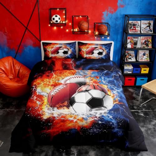 Feelyou Mixed Ball Comforter Set Twin Size Basketball Comforter for Boys Girls Teens Baseball Bedding Set Football Duvet Set Room Decor Black Orange Blue Quilt Set