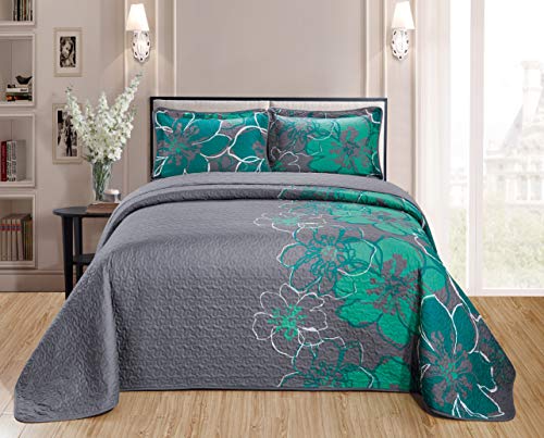 Kids Zone Home Linen 2pc Twin/Twin XL Over Size Quilt Bedspread Grey with Big Turquoise Flowers Printed On The Side.