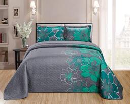 Kids Zone Home Linen 2pc Twin/Twin XL Over Size Quilt Bedspread Grey with Big Turquoise Flowers Printed On The Side.