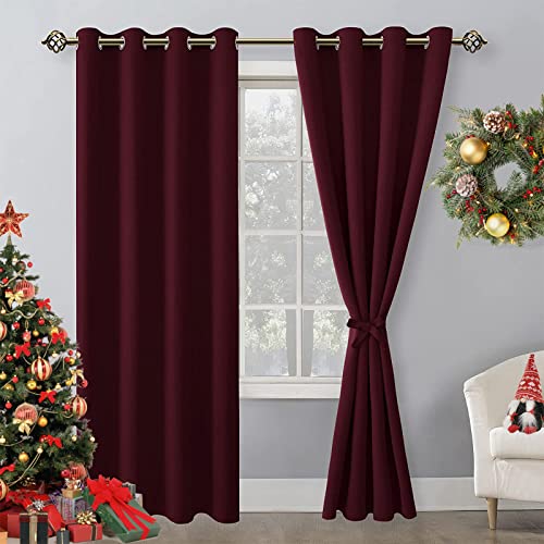 Hiasan Blackout Curtains for Bedroom, 52 x 84 Inches Long - Thermal Insulated & Light Blocking Window Curtains for Living Room Christmas Decor, 2 Drape Panels Sewn with Tiebacks, Burgundy