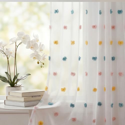 "Horaldaily White Sheer Curtains for Living Room and Bedroom, Boho Drapes Farmhouse Pink Blue Pom Pom Curtains Light Filtering Sheer Nursery Kids, 52"" W x 72"" L, Set of 2 Curtain Panels"