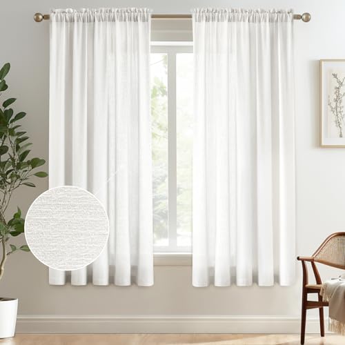"Melodieux Ivory Semi Sheer Curtains 45 Inch Length, Small Window Sheer Curtains, Bedroom Kitchen Linen Look Farmhouse Light Filtering Shiny Sheer Drapes Rod Pocket, 52"" W x 45"" L, 2 Panels"