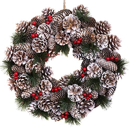 GreenBrokers Christmas Hanging Wreath 38cm- Festive Pine Cone Display with Subtle White Frosting