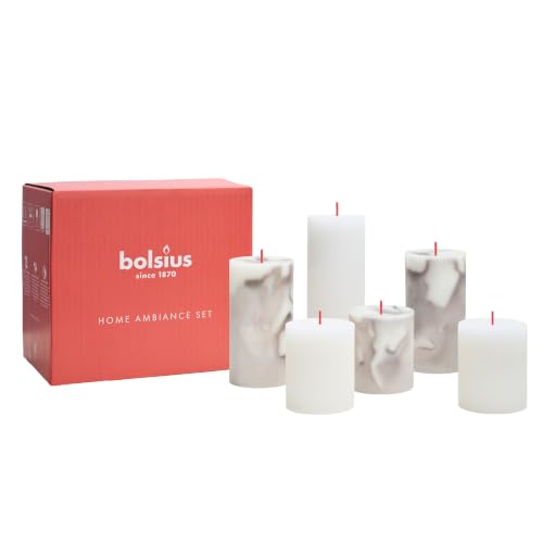 Bolsius - Pillar Candle Set - Grey - White - 6 Candles - Marble - Rustic - Decorative Candles - Palm Oil Free