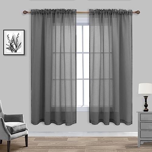 Charcoal Grey Linen Look Sheer Curtains 63 Inch Length for Kitchen 2 Pack Rod Pocket Breathable Airy Gray Curtains for Bathroom Window Laundry Canopy Sitting Room Reading 52x63 Inches Long Dark Grey