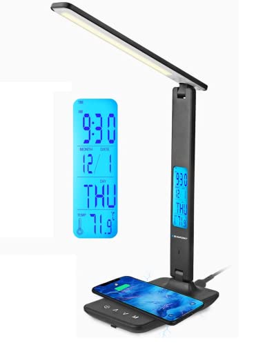 BLAUPUNKT LED Desk Lamp - Wireless Phone Charger, USB, Dimmable Table Lamp, 5 Colour Modes, Adjustable Arm, LCD Display - Easy to Use - Home Work Study - Black with UK Plug