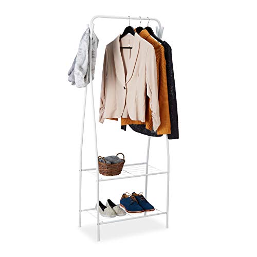 Relaxdays Coat Rack Metal, 2 Shelves & 4 Hooks, Clothes Rail, Hallway & Dressing Room, Cloak Stand, 158x60x33 cm, White