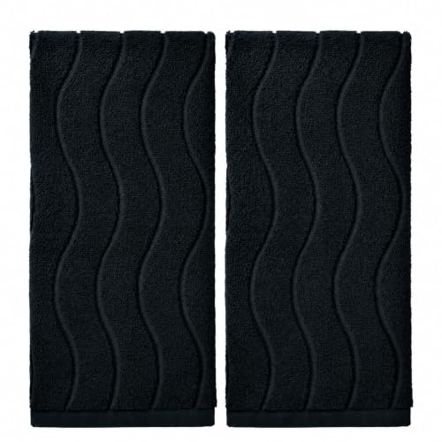 Hand Towels with Wavy Jacquard - Black Face Towels for Bathroom, 2 Piece - Cotton, 13x29 Inches
