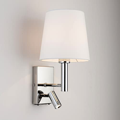 HARPER LIVING Indoor Wall Light with LED Reading Light, Wall Sconce Lights with USB & USB-C, On/Off Switch E27/ES Bedroom Reading Lamp, Polished Chrome Finish, Fabric Square Shade
