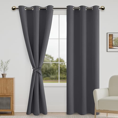 DWCN Dark Grey Blackout Curtains for Bedroom - 84 inch Length 2 Panels, Thermal Insulated Light Blocking Window Curtains with Grommet Grommet & Tiebacks for Living Room, 42 x 84 inches Long