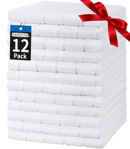 HOMERHYME Hand Towels, 12 Pack 25''*15'' White Microfiber Bathroom Hand Towels, All-Purpose Quick Dry Lint Free Soft Absorbent Bulk Checkered Washcloth Bath Towels for Kitchen Travel Gym Hotel