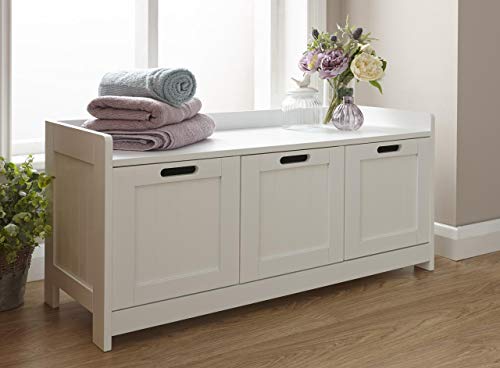 GFW Colonial Bathroom Storage Bench with 3 Door Cupboards, New England Style Linen & Toiletry Storage Unit in White