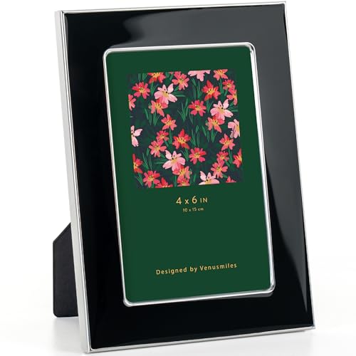 4x6(10x15cm) Black Enamel Picture Frame, HD Real Glass, Silver Edge - Aluminum Alloy Frame with Tempered Glass & Slide-in Back, for Wall & Tabletop Display, Family Office Gallery