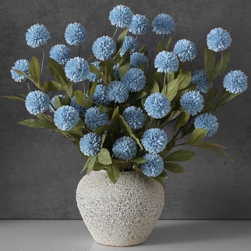 "6 Pcs 27""Faux Silk Pompon Mum Artificial Flowers for Vase(Dusty Blue) - Bulk Fake Chrysanth Branches Faux Silk Flowers, for DIY Bouquet Centerpieces Wedding Filler Arrangements Shower Decor"