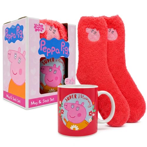 HOX Peppa Pig Super Mummy Mug & Pink Socks Gift Set - Novelty Mummy Pig Mug & Fluffy Crew Socks - Gift for Mothers Day or Christmas, 11oz