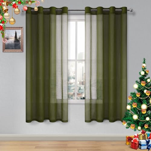 DWCN Olive Green Sheer Curtains for Living Room Bedroom Faux Linen Look Voile Drapes Grommet Top Window Curtain Panel 52 x 72 inches Long, Set of 2 Panels
