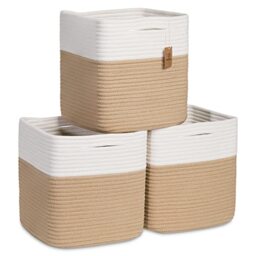 NaturalCozy Storage Cubes 11 Inch Cotton Rope Woven Baskets for Organizing, 3-Pack - Cube Storage Bin - Square Storage Baskets for Shelves Organizer, Classroom, Kids Toy Bins, Closet, Baby Nursery