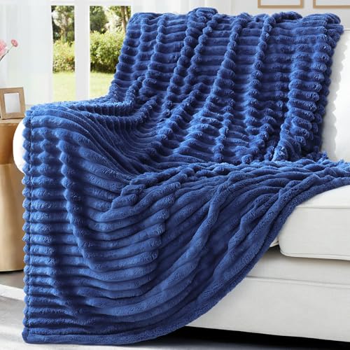 decorUhome Navy Blue Fleece Throw Blanket 50x60 Inches - Soft Couch Cozy Fluffy Plush Flannel Striped Blanket for Sofa Bed, Lightweight Decorative Ribbed Fuzzy Blanket for Woman
