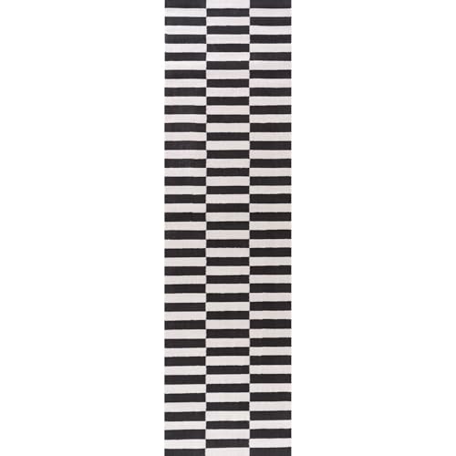 THE RUGS Living Room Rug, Loft Collection – Modern Textured 14mm Soft Pile Area Carpet, Non-Shedding & Easy Care [ Block Stripe Dark Grey, 80x300 cm]