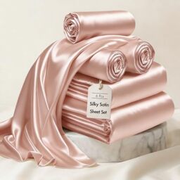 "Madison Park Essentials Satin Sheet Set Luxury and Silky with Natural Sheen, Premium 16"" Deep Pocket, All Around Elastic - Year-Round Bedding, Full, Blush, 6 Piece"