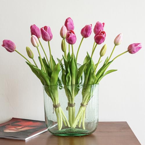 DUYONE 15pcs Artificial Tulips Flowers, Real Touch Latex Bouquet, Fake Tulips for Office Wedding Party Home Kitchen Garden Decoration